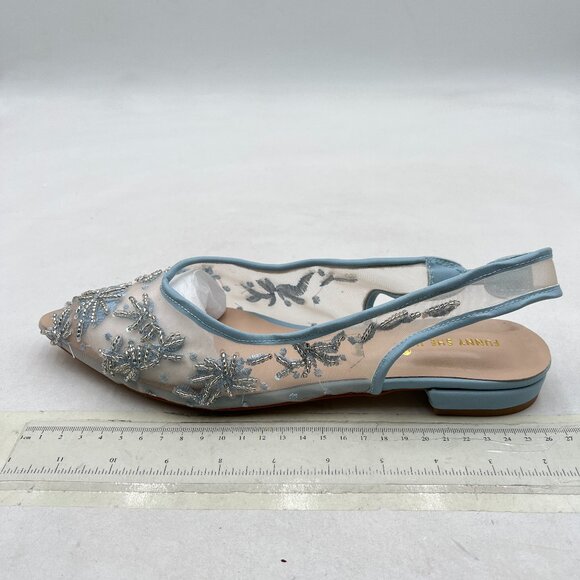 Blue Kitten Heels Pointed Toe Mesh Floral Slingback With Pearl Slip On Sandals - Picture 1 of 7